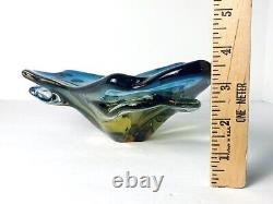 Vintage JiCo MURANO Glass Bowl Centerpiece Blue Freeform Boomerang Triple GLOWS