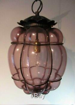 Vintage Lamp Venetian Caged Bubble Murano Blown Glass HANGING Light Purple amber