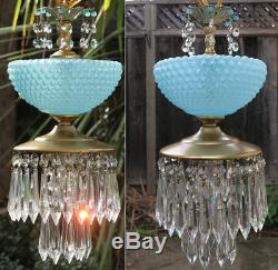 Vintage Lamp chandelier MURANO Venetian Blue Opaline Bubble Glass brass