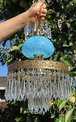 Vintage Lamp chandelier MURANO Venetian Turquoise Opaline Art Glass brass 1of3