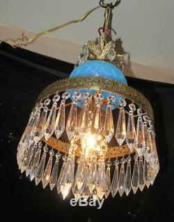 Vintage Lamp chandelier MURANO Venetian Turquoise Opaline Art Glass brass 1of3