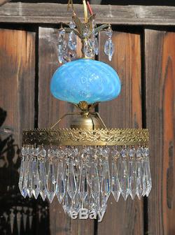 Vintage Lamp chandelier MURANO Venetian Turquoise Opaline Art Glass brass 1of3