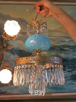 Vintage Lamp chandelier MURANO Venetian Turquoise Opaline Art Glass brass 1of3