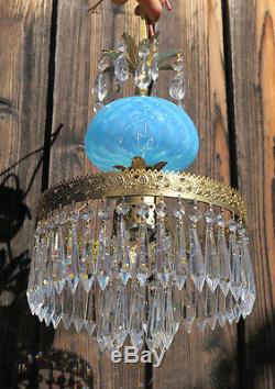 Vintage Lamp chandelier MURANO Venetian Turquoise Opaline Art Glass brass 1of3