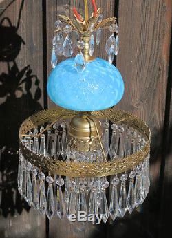 Vintage Lamp chandelier MURANO Venetian Turquoise Opaline Art Glass brass 1of3