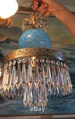 Vintage Lamp chandelier MURANO Venetian Turquoise Opaline Art Glass brass 1of3