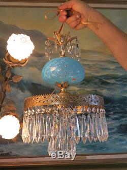 Vintage Lamp chandelier MURANO Venetian Turquoise Opaline Art Glass brass Tole