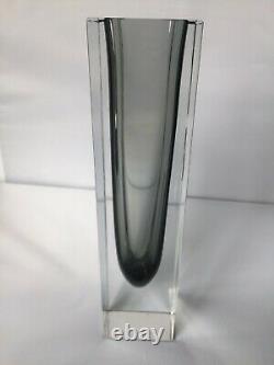 Vintage Large 26.5cm Murano Sommerso Block Vase in Clear and Graphite VGC