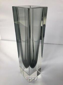 Vintage Large 26.5cm Murano Sommerso Block Vase in Clear and Graphite VGC