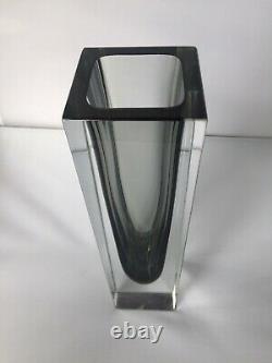 Vintage Large 26.5cm Murano Sommerso Block Vase in Clear and Graphite VGC