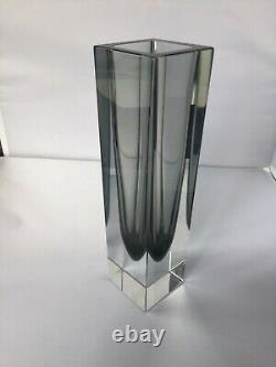 Vintage Large 26.5cm Murano Sommerso Block Vase in Clear and Graphite VGC