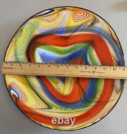 Vintage Large Art Glass Bowl Dish Vibrant Multicolor Rainbow Swirl 13 Murano