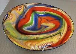 Vintage Large Art Glass Bowl Dish Vibrant Multicolor Rainbow Swirl 13 Murano