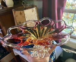 Vintage Large Italian Murano Sommerso Art Glass Sculpted Centerpiece Large Bowl