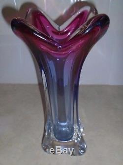 Vintage Large Murano Red and Clear Heavy Glass Vase (12 1/2)