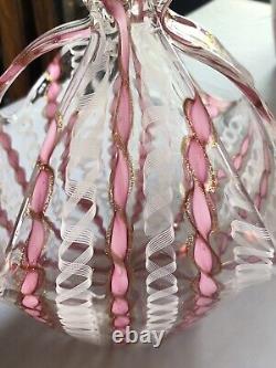 Vintage Latticino Aventurine Venetian Glass Murano Italy Vase Basket Brides Bank