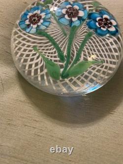 Vintage Latticino Ribbons Murano Art Glass Paperweight White Lace Blue Flowers
