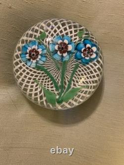 Vintage Latticino Ribbons Murano Art Glass Paperweight White Lace Blue Flowers