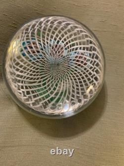 Vintage Latticino Ribbons Murano Art Glass Paperweight White Lace Blue Flowers