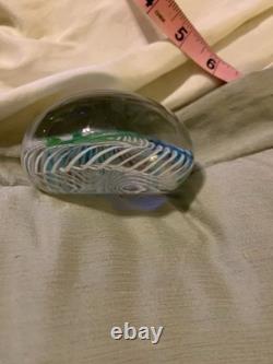 Vintage Latticino Ribbons Murano Art Glass Paperweight White Lace Blue Flowers