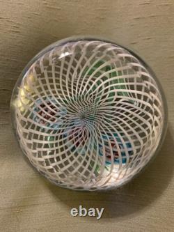 Vintage Latticino Ribbons Murano Art Glass Paperweight White Lace Blue Flowers
