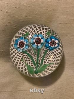 Vintage Latticino Ribbons Murano Art Glass Paperweight White Lace Blue Flowers