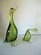 Vintage Lot Two Mid Century Murano Glass Ducks Green Gold Italy Mama and Baby