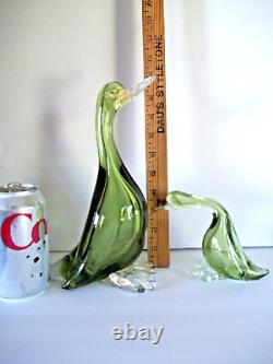 Vintage Lot Two Mid Century Murano Glass Ducks Green Gold Italy Mama and Baby