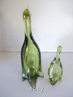 Vintage Lot Two Mid Century Murano Glass Ducks Green Gold Italy Mama and Baby