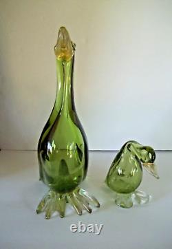 Vintage Lot Two Mid Century Murano Glass Ducks Green Gold Italy Mama and Baby