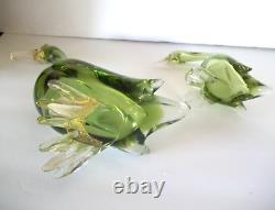 Vintage Lot Two Mid Century Murano Glass Ducks Green Gold Italy Mama and Baby