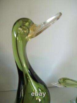 Vintage Lot Two Mid Century Murano Glass Ducks Green Gold Italy Mama and Baby