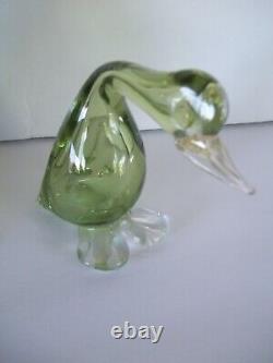 Vintage Lot Two Mid Century Murano Glass Ducks Green Gold Italy Mama and Baby