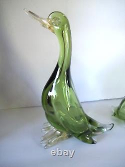 Vintage Lot Two Mid Century Murano Glass Ducks Green Gold Italy Mama and Baby