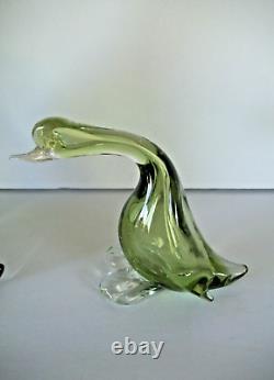 Vintage Lot Two Mid Century Murano Glass Ducks Green Gold Italy Mama and Baby