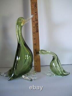 Vintage Lot Two Mid Century Murano Glass Ducks Green Gold Italy Mama and Baby