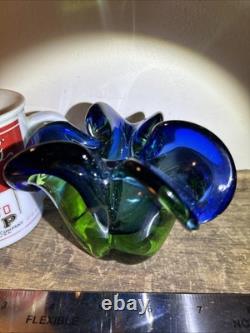 Vintage MCM 1950s 1960s Green & Blue Murano Art Glass Bowl Flower Wavy Scalloped