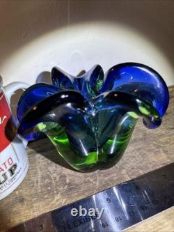 Vintage MCM 1950s 1960s Green & Blue Murano Art Glass Bowl Flower Wavy Scalloped