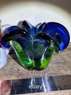 Vintage MCM 1950s 1960s Green & Blue Murano Art Glass Bowl Flower Wavy Scalloped