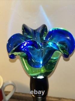 Vintage MCM 1950s 1960s Green & Blue Murano Art Glass Bowl Flower Wavy Scalloped