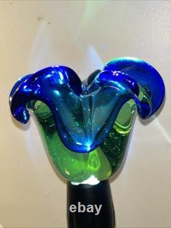 Vintage MCM 1950s 1960s Green & Blue Murano Art Glass Bowl Flower Wavy Scalloped