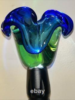 Vintage MCM 1950s 1960s Green & Blue Murano Art Glass Bowl Flower Wavy Scalloped