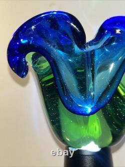 Vintage MCM 1950s 1960s Green & Blue Murano Art Glass Bowl Flower Wavy Scalloped