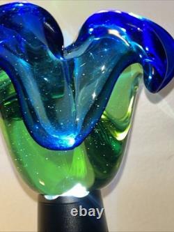 Vintage MCM 1950s 1960s Green & Blue Murano Art Glass Bowl Flower Wavy Scalloped