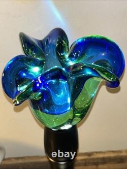 Vintage MCM 1950s 1960s Green & Blue Murano Art Glass Bowl Flower Wavy Scalloped