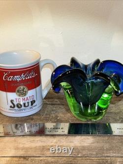 Vintage MCM 1950s 1960s Green & Blue Murano Art Glass Bowl Flower Wavy Scalloped