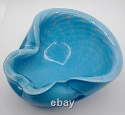 Vintage MCM Alfredo Barbini Bullicante Sky Blue/Gold Murano Glass Ashtray/Bowl