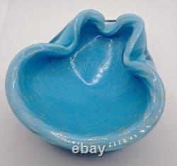 Vintage MCM Alfredo Barbini Bullicante Sky Blue/Gold Murano Glass Ashtray/Bowl