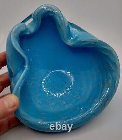 Vintage MCM Alfredo Barbini Bullicante Sky Blue/Gold Murano Glass Ashtray/Bowl