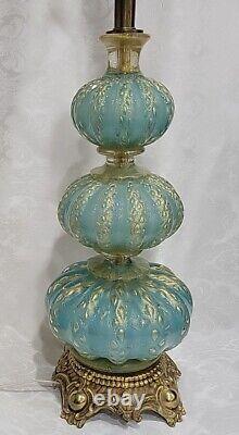 Vintage MCM Barovier & Toso Murano Turquoise Art Glass Lamp Swirld Gold Fleck